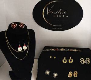 lot 76 image: Vintage Christmas Jewelry - Cute Santa Dangles, Red Monet Sparkling Studs, Lovely Gold Necklace Marked 18K GPF,  Braided Napier Figure 8 Statement Earrings, Santa and Frosty, TOFA Style Charm Bracelet and more