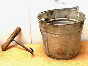 lot 75 image: Antique Circa 1920 inch Wood Handled Hay Hook &amp Vintage Corrigated Steel Bucket