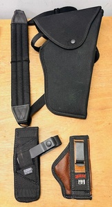 lot 120 image: Quest Leather In Pant Tuckable Holster Glock, Blackhawk Size 3 Across the Neck Belly or Shoulder Holster, & Blackhawk Belt Holster
