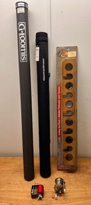 lot 143 image: NautilusGLoomis & Ocean Master Travel Series Rod Cases, Bass Pro Shops Ceiling Rod Rack, Pflueger SkilKast No. 1953 Reel, &amp String Winder