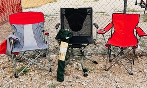 lot 158 image: Three (3) Folding Camping Chairs - Including Cabelas wPortable Umbrella with Adapter