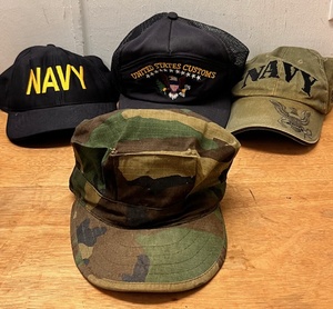lot 173 image: USGI Woodland Camo Utility Patrol Hat BDU Cap, Vintage 1970s United States Customs USCS Obsolete Uniform Ball Cap, & Two (2) NAVY Ball Caps