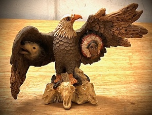 lot 189 image: Spirit Bald Eagle Holding Spirit Wolf &  Indian Chief Under His Wings While Standing on Cow Skulls Figurine