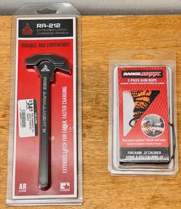 lot 199 image: Rise Armament Extended Latch Charging Handle RA-212 & Range Max 2-Pass Gun Rope for .22 Caliber