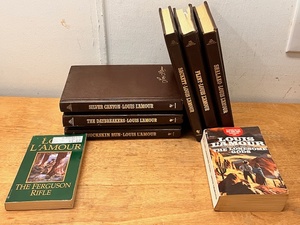 lot 201 image: Six (6) Louis LAmour Leatherette Hardcover Books Collection Singles & Two Paperbacks