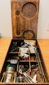 lot 265 image: Antique Gunsmiths Wooden Work Box - Old & New Parts & Tools (Please See all Pictures of Exactly What is in it)