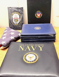 lot 290 image: U. S. Navy Scrapbook, Year Book, Award Holders, & Flag Saved From Some Unknown Place or Event