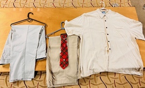 lot 321 image: Ledbetter and Roundtree &amp York totalFlex Size 44x30 Dress Pants, Tie, &amp Pineapple Moon Knit Shirt 2x