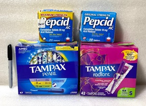 lot 22 image: Lot Of 4 New Other - (2) Womens Tampax Tampons & (2) Pepcid Acid Reducers - As Shown