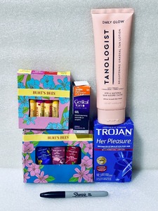 lot 24 image: Lot Of 5 New Other - Burts Bees Hand Cream, Chapstick, Tanologist Tan Lotion, Genteel Tears Dry Eye Relief & Trojan Her Pleasure - As Shown