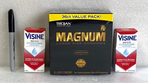 lot 103 image: Lot Of 3 New Other - Trojan Magnum Large Size Condoms & (2) Visine Red Eye Hydrating Comfort Drops - As Shown - (READ)