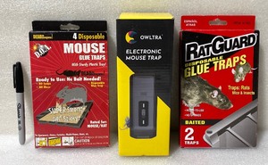 lot 134 image: Lot Of 3 New Other - Owltra Electric Mouse Trap & (2) Disposable Rat Glue Traps - As Shown