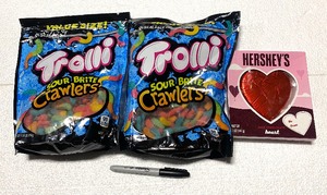 lot 169 image: Lot Of 3 New - Hersheys Chocolate Heart 5 Oz. & (2) Trolli Sour Bite Crawlers 28.8 Oz. Each - As Shown