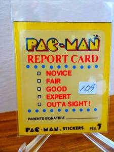 lot 109 image: VINTAGE 1980 Fleer PAC-MAN #48 Report Card Sticker card Bally Midway Video Game