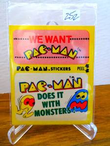 lot 252 image: VINTAGE ORIGINAL 980 Pac-Man Sticker Card WE WANT PAC-MAN  PAC-MAN DOES IT WITH MONSTERS