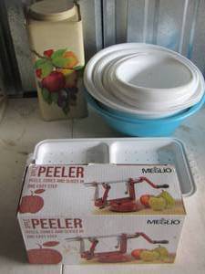lot 46 image: meslio apple peeler, plastic mixing bowls, fruit design canister