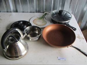 lot 51 image: pots and pans, tea kettle, and more