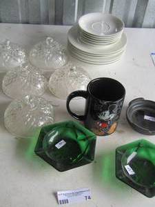lot 74 image: Mickey Mouse coffee cup, cups plates, saucers, 5 crystal lids, 2 green ash trays