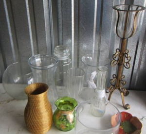 lot 92 image: Vases, Candle Stands, Wicker Vase, Jars and Bowl