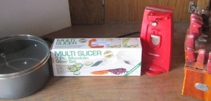 lot 126 image: kitchen lot, knifes, multi slicers, can opener, pot with lid