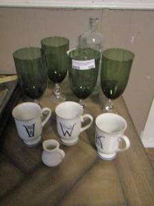 lot 158 image: large wine glasses green- V coffee cups
