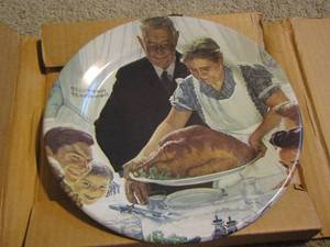 lot 227 image: Norman Rockwell Four FREEDOMS -FREEDOM FROM WANT  A MOTHERSS PRIDE  Royal DOULTON  Valentines Day plate-- THANKSGIVING  & FOURTH OF JULY    & EASTER Plates by Knowles  plus 1 more
