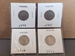 lot 7 image: Selection of V-Nickels - 1890, 1901, 1908, 1912