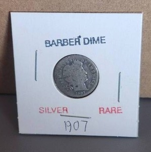 lot 42 image: 1907 Barber Silver Dime - rare
