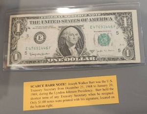 lot 160 image: Scarce Joseph Barr $1 dollar Bill - $1 Note