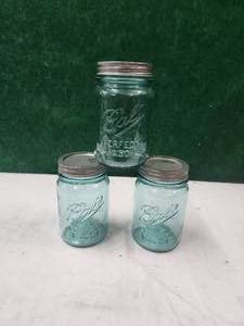 lot 354 image: Selection of 3 blue glass Ball canning jars with lids