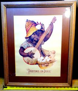 lot 1 image: BIG $ LOT - BLACK AMERICANA PRINT PASTIME IN DIXIE YOUNG BLACK CHILD WITH A BANJO - PROFESSIONALLY FRAMED APPROX 20 X 25