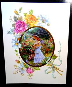 lot 21 image: BEAUTIFUL UNTITLE FLORAL PRINT WITH EMBOSSED GOLD OVAL - MEASURES 11 X 14 READY TO FRAME