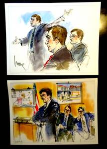 lot 31 image: LOT OF 2 - MONA SCHAFER EDWARDS COURTROOM ARTIST PRINTS (ONE BELIEVED TO BE SIGNED) EACH 13 X 17 $$