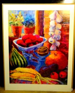 lot 40 image: ARTIST WENDY HOILE TITLED VEGETABLES AND PLUMS COLORFUL PRINT - MEASURES 18 X 24