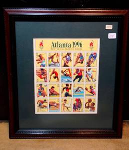 lot 114 image: ORIGINAL USPS 1996 ATLANTA OLYMPIC FULL SHEET POSTAGE STAMPS - MATTED AND FRAMED UNDER GLASS - 12 X 14 $$