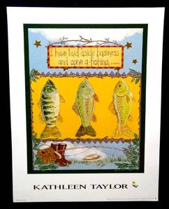 lot 125 image: CUTE KATHLEEN TAYLOR GONE FISHING PRINT 10 X 13