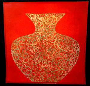 lot 77 image: STUNNING Red Vase (gold foil stamped) by Susan Gillette - 23 X 23