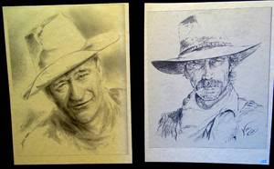 lot 156 image: JOHN WAYNE & SAM ELLIOTT PENCIL SKETCH REPRODUCTIONS BY VIC COX - 8.5 X 11
