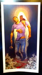 lot 164 image: BIG $ LOT - RARE SIGNED & NUMBERED Thomas Blackshear FORGIVEN II Art Print Jesus Holding Man with Mallet - LARGE VERSION 17 X 32