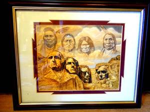 lot 202 image: BIG $ LOT - NATIVE AMERICAN MOUNT RUSHMORE TITLED FOUNDING FATHERS PRINT BY DAVID BEHRENS - PROFESSIONAL MATTE AND FRAME - 13 X 16 