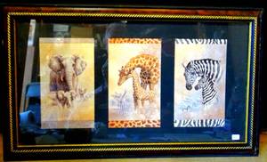 lot 207 image: BEAUTIFUL FRAMED AND MATTED WILDLIFE ARTIST J GIBSON ELEPHANTS, GIRAFFES, AND ZEBRAS - 15 X 24 $$