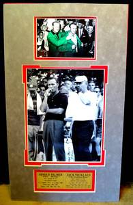 lot 211 image: NICE GOLF WALL HANGER FEATURING TWO OF PGAS GREATEST - ARNOLD PALMER & JACK NICKLAUS (RARE SMOKING PHOTO)  (wMetal Stat Plate)
