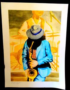 lot 225 image: AWESOME ORIGINAL WATERCOLOR HAND OF JAZZ PLAYER SIGNED BY ARTIST - 12 X 16