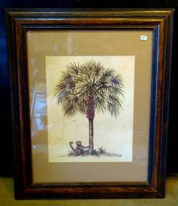 lot 98 image: Dianne Krumel Signed Monkey & Palm Tree Print Lithograph Framed - 14 X 17