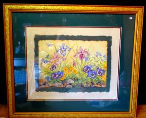 lot 100 image: LOVELY GOLD FRAMED IRIS FLORAL PRINT - GREAT COLORS - DOUBLE MATTE UNDER GLASS - 24 X 28