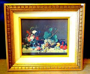lot 238 image: VINTAGE Still Life Famous Artist S Roesen 1850 Framed Faux PaintingFruit Flowers13 x 15 $$