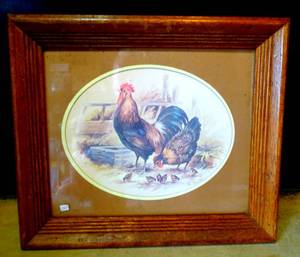 lot 247 image: Vintage Framed Matted Chicken Rooster Hen Chicks Farmhouse Print T.C. Morris - 12.5 X 14