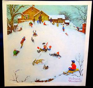 lot 257 image: KIDS, SNOW, SLED by NORMAN ROCKWELL - 11 X 11