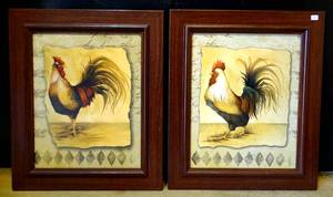lot 273 image: VINTAGE WOOD FRAMED PAIR OF ROOSTERS - EACH 11 X 13