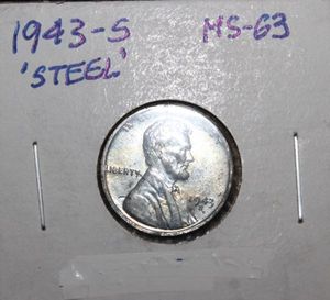 lot 15 image: Coins 1943 S Steel Wheat Penny MS 63